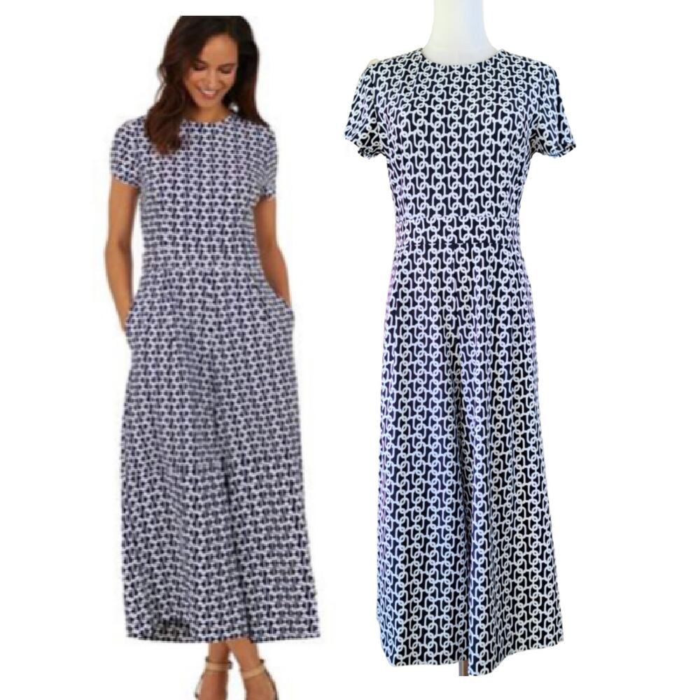JUDE CONNALLY Blaire Crop Jumpsuit XS Navy White Chain Wide Leg Short Sleeve